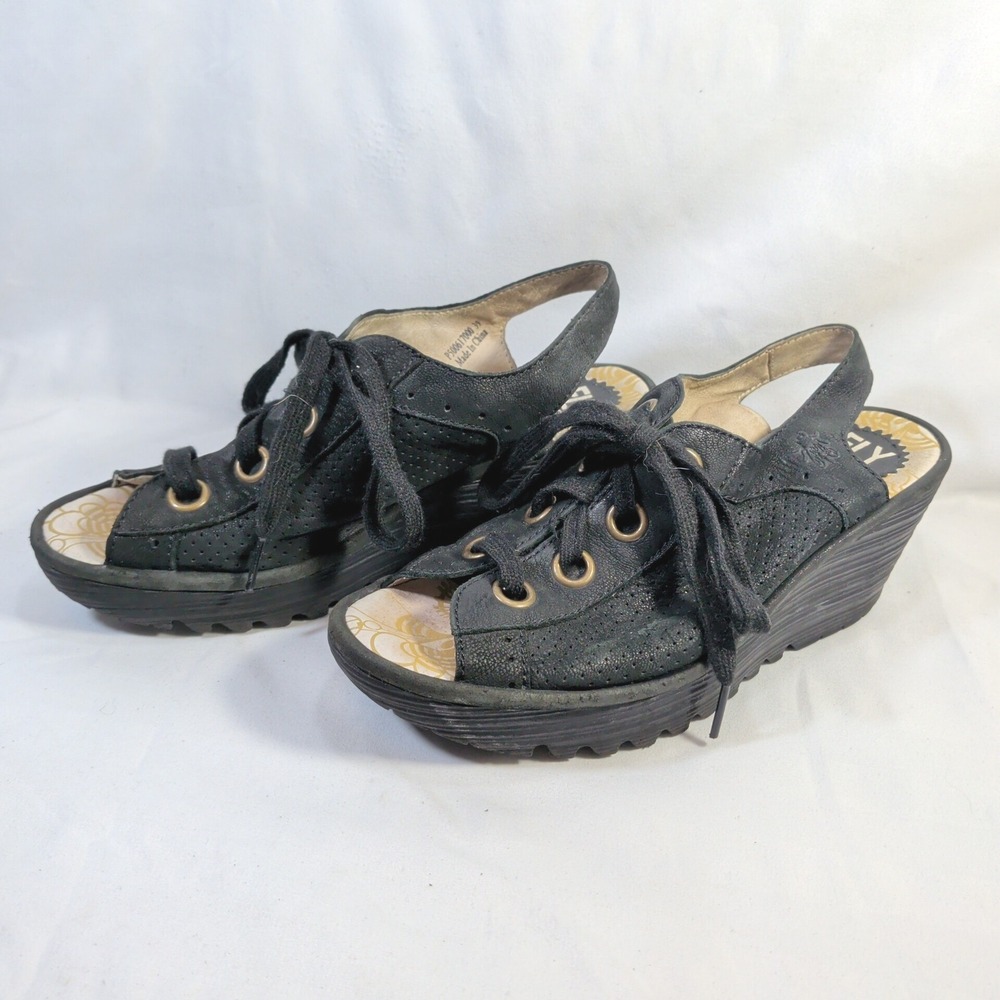 Fly London Black Wedge Sandals; Lace Up Peep Toe Platform P500617000